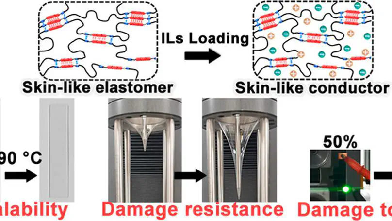 Mechanically Robust Skin-like Poly(urethane-urea) Elastomers  Cross-Linked with Hydrogen-Bond Arrays and Their Application as  High-Performance Ultrastretchable Conductors